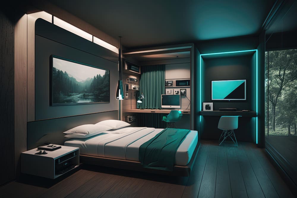 Sleek Modern Hotel Room With Smart Technology Minimalistic Decor Comfortable Bed Generative Ai 