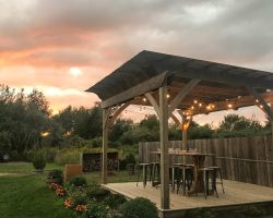 Virtue Cider's outdoor seating area for cider and wine tasting - in Fennville, MI (near Saugatuck and Douglas).